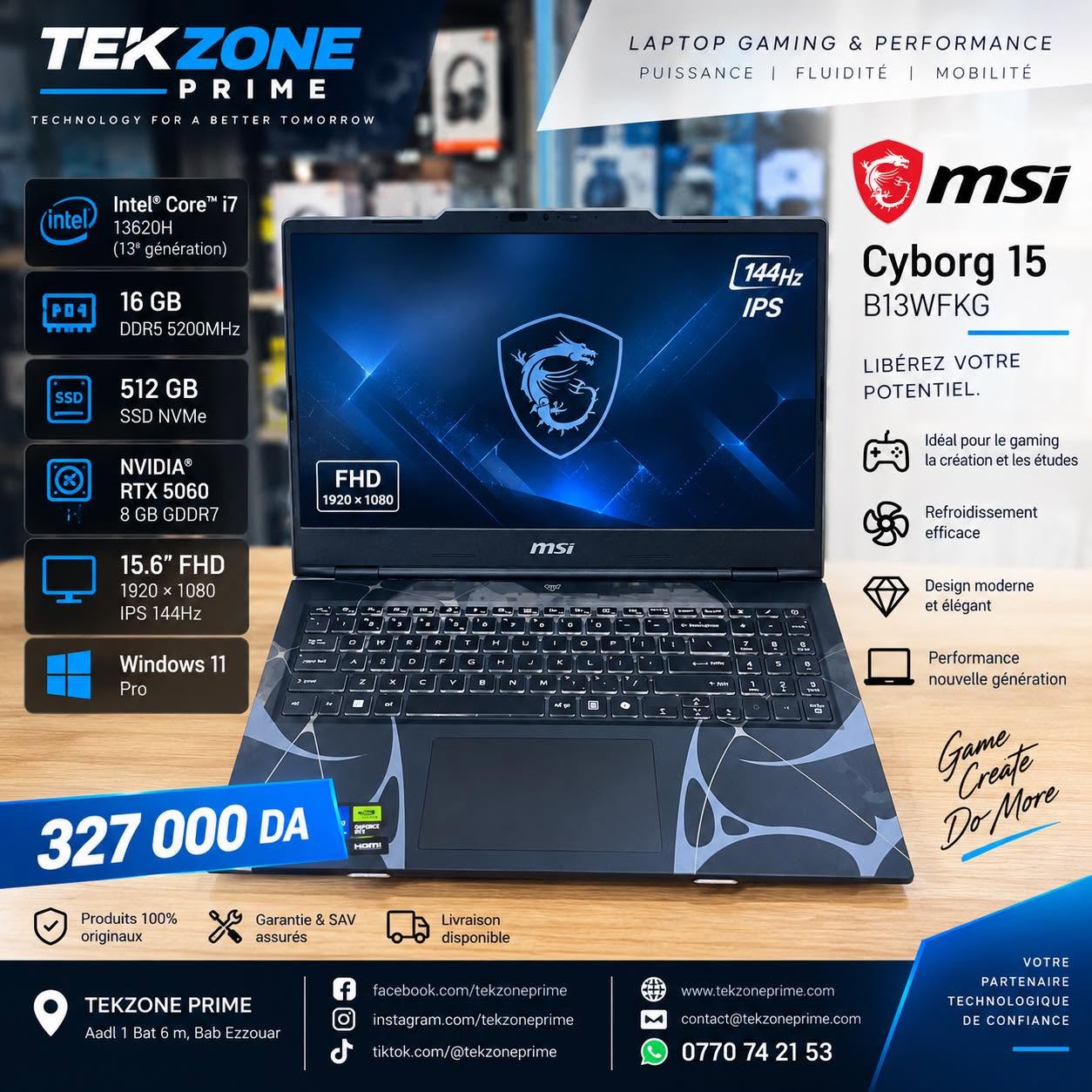 1 LAPTOP MSI CYBORG 15 B13WFKG i7-13620H / 16Go / 512Go / RTX 5060 8Go – Image 1